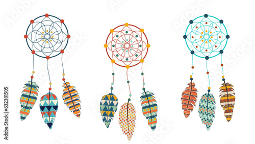 Native American Indian Dream Catchers set. Mandala and feathers. Indian culture. Ethnic spiritual talisman. Spiritualism. Flat boho style. Hipster hippie design print. Vector isolated