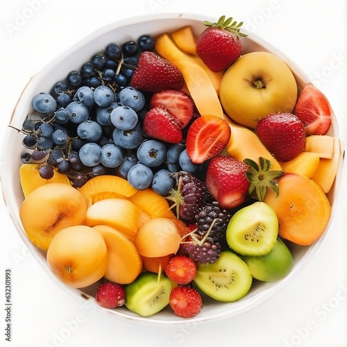 Delicious bowl filled with exotic fruits top view commercial display. High-quality isolated in a white background.