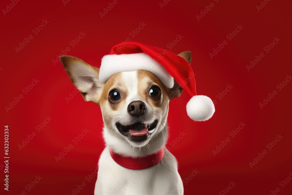 cute dog wearing santa hat on red background, AI Generated cute dog wearing santa hat on red background, AI Generated