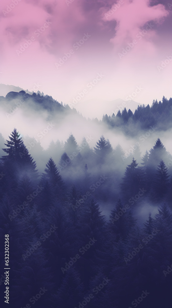 Aesthetic gradient pink foggy silhouette forest landscape phone hd wallpaper ai generated