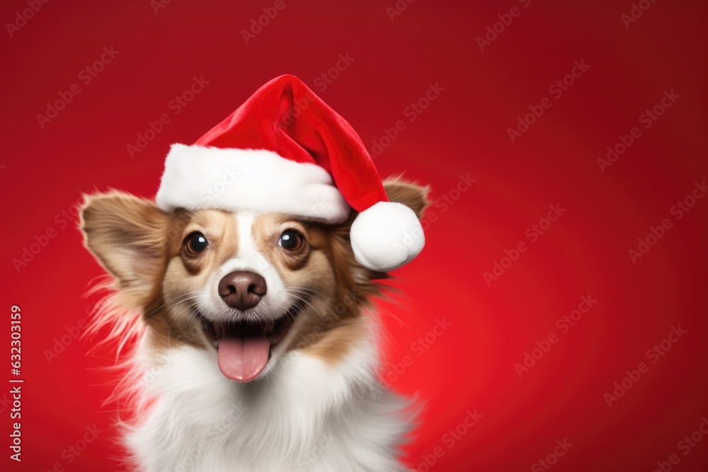 cute dog wearing santa hat on red background, AI Generated cute dog wearing santa hat on red background, AI Generated