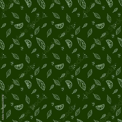 Green line art illustration with lemons pattern. Modern floral exotic print. Abstract tropical background. Lemon citrus texture background.