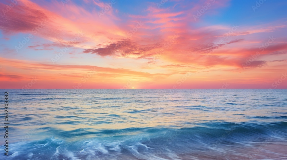  a beautiful sunset over the ocean with a pink and blue sky.  generative ai