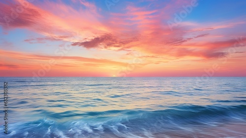  a beautiful sunset over the ocean with a pink and blue sky.  generative ai © Anna