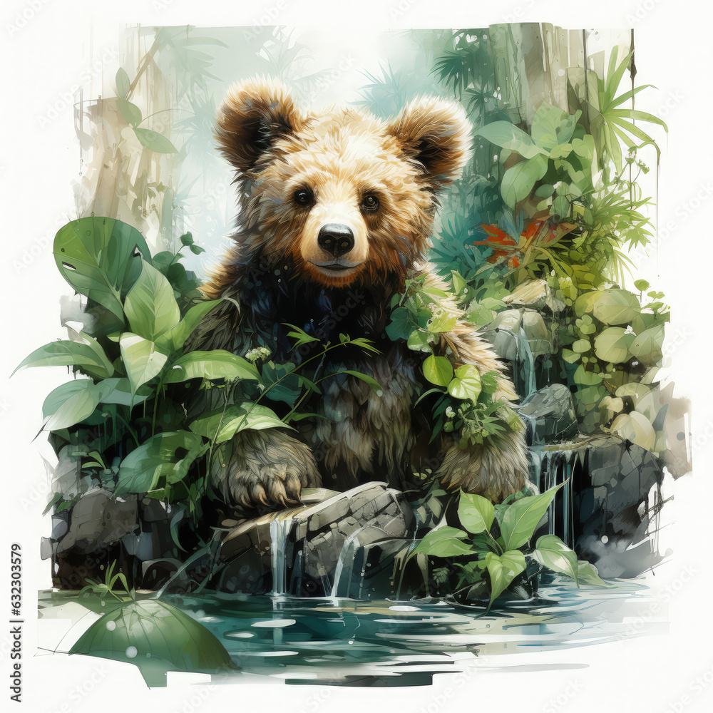 A watercolor Teddy Bear on a grand adventure, floating in a hot air ...