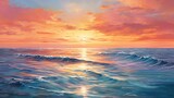  a painting of a sunset over a body of water with waves.  generative ai