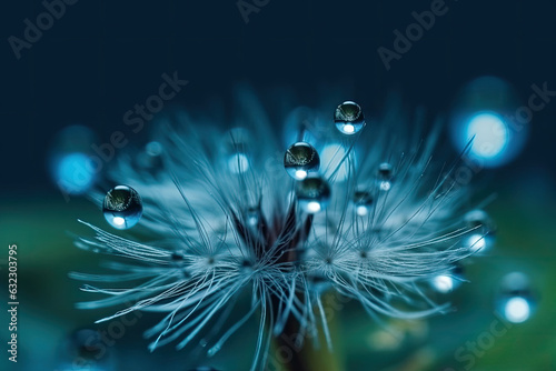 Dandelion seeds in droplets of water on the turquoise background. Generative AI