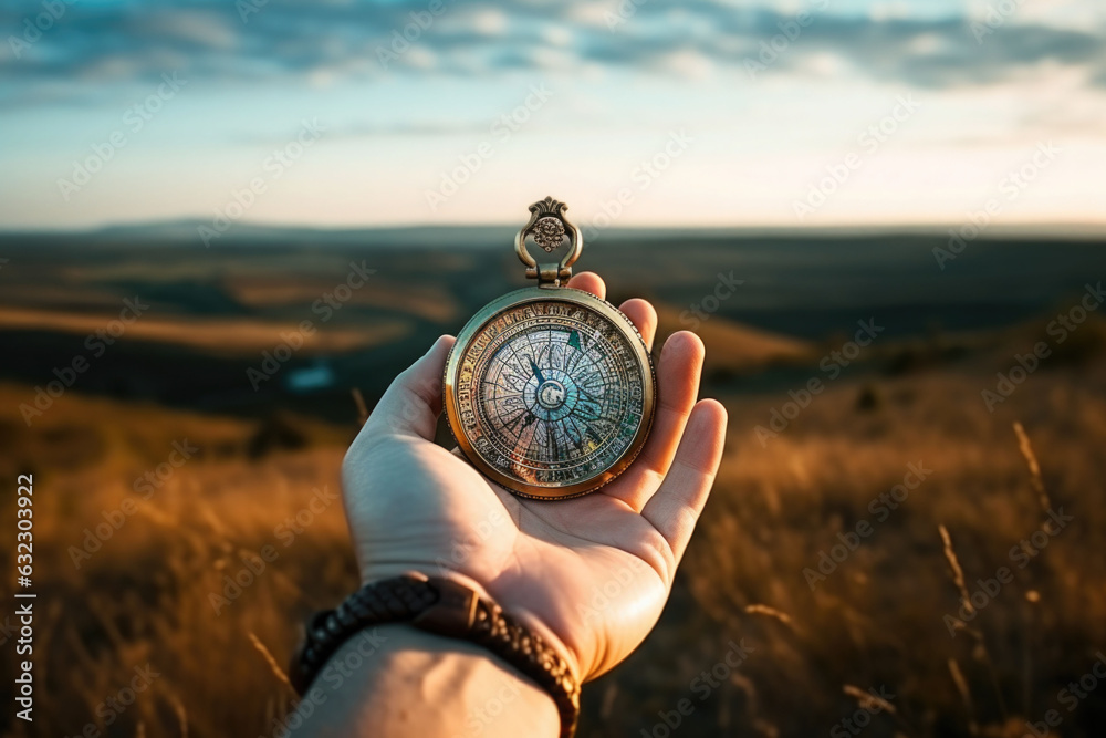 Beautiful landscape with old compass on traveler's hand. The concept of navigating the search for your own path. AI generated - obrazy, fototapety, plakaty 