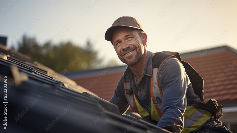 A construction worker is laying shingles on a roof. Generative AI