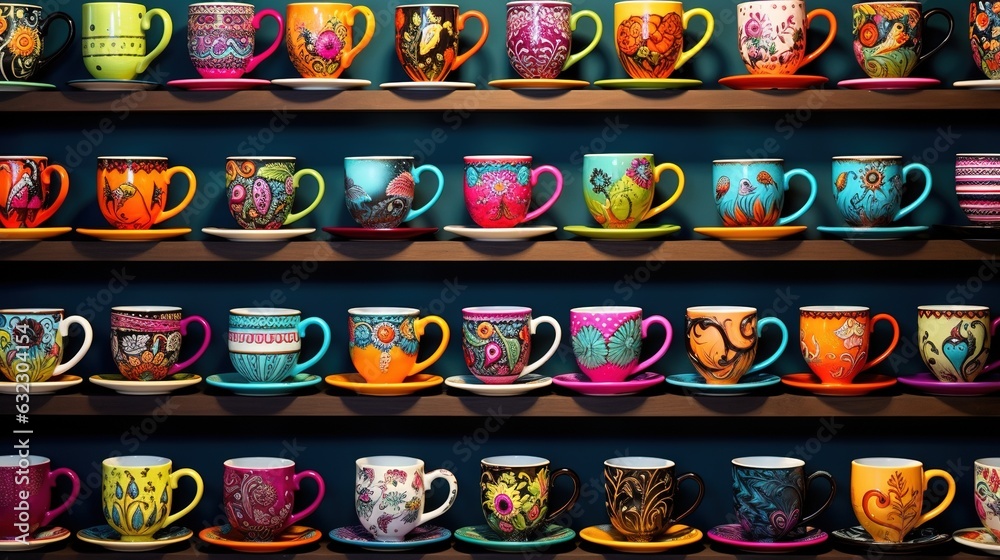 a shelf filled with lots of different colored coffee mugs. generative ai a shelf filled with lots of different colored coffee mugs. generative ai