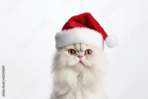 Kitten wearing santa hat on white background with copy space. AI Generated