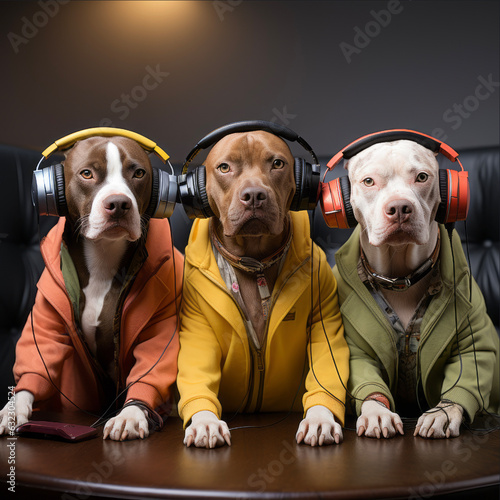 Portrait Of three Pit Bulls pod casting illustration generative ai