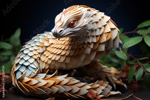 A digital art, snake crafted by papers in kirigami style illustration, quilling photo