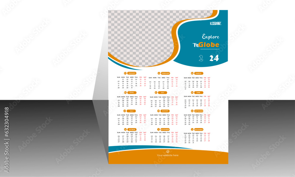 One Page wall calendar template design for 2024, Week starts on Sunday