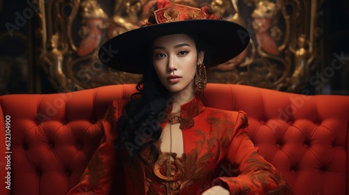 Chinese Girl in Unique Luxurious Hat: Portrait of Elegance and Chic Fashion on Red Velvet Couch