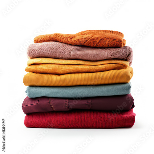 Stack of clothing jeans and sweaters on a white background