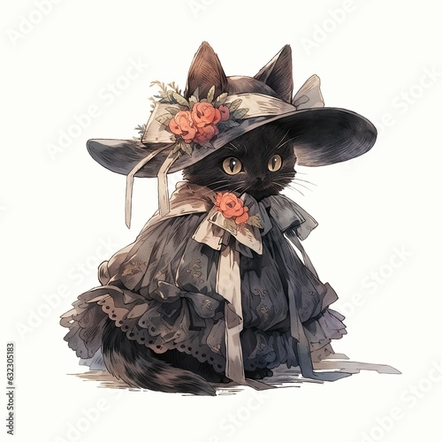 Halloween cute black kitten isolated on white background. Funny witch cat in hat and dress. Watercolor children cartoon illustration. Autumn, fall holidays concept for textile, banner, wallpaper