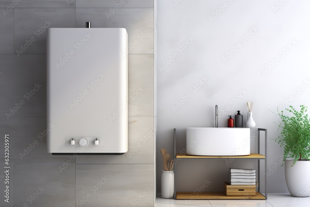 Modern wall-mounted gas water heater in the bathroom