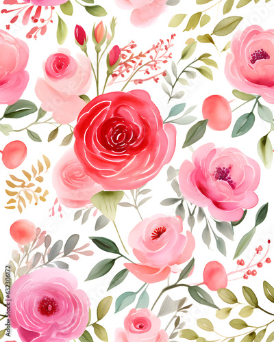 Pink roses bloom watercolor seamless pattern