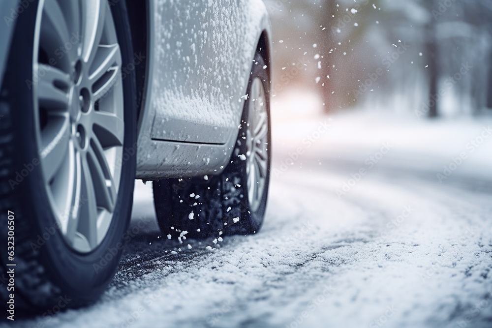 Car on winter tires drives through a snow-covered road. Seasonal change of tires from summer to winter