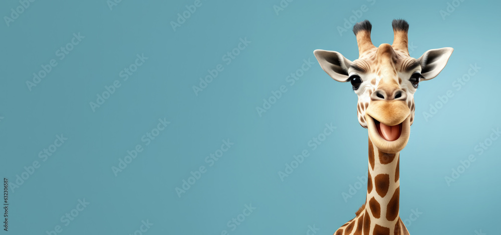 Naklejka premium Cute giraffe with happy positive smiling expression. Wide banner copy space on side. Generative AI
