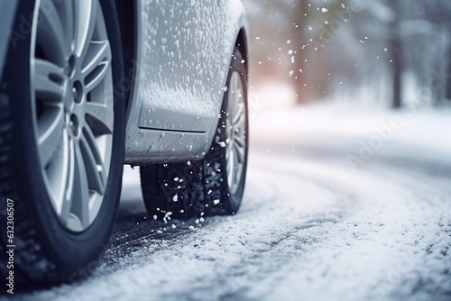 Obraz na płótnie Car on winter tires drives through a snow-covered road. Seasonal change of tires from summer to winter w salonie