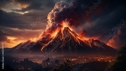 Volcanic activity, lava flow flows down the mountain. Frightening dangerous landscape. Generative AI