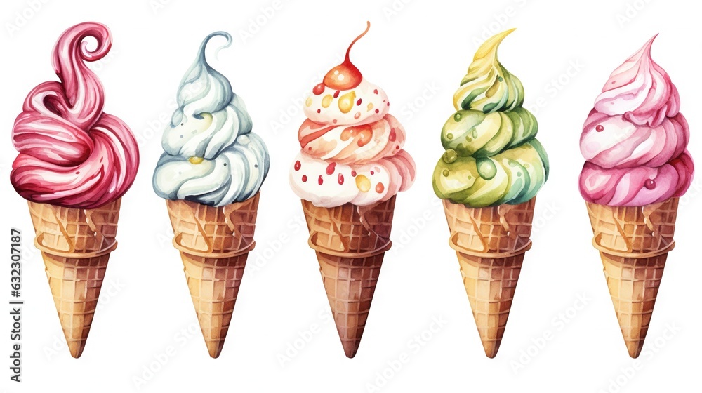 a group of ice cream cones with different flavors of ice cream. generative ai a group of ice cream cones with different flavors of ice cream. generative ai