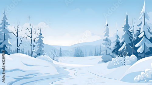 Snowy Winter mountains landscape flat design background