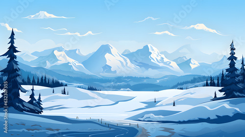 Snowy Winter mountains landscape flat design background © Oksana