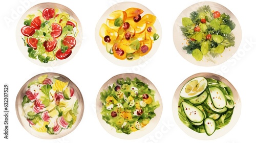  four plates of different types of salads on white plates. generative ai