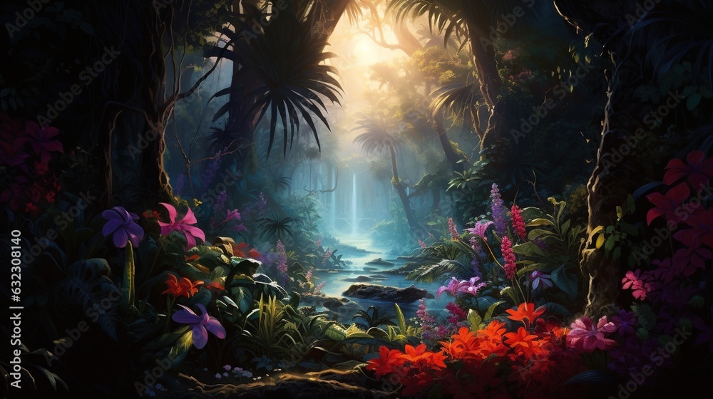  a painting of a jungle scene with flowers and a stream.  generative ai