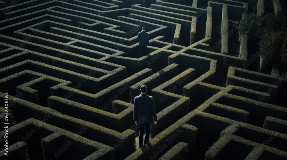 Confused man thinks how to find the right way to exit from a maze. Solution, thinking concept background - obrazy, fototapety, plakaty 