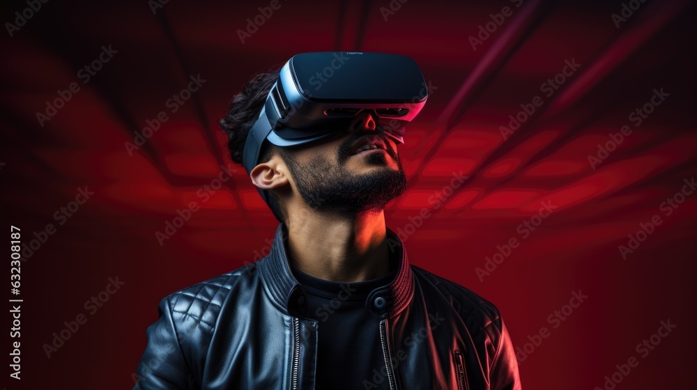 Young man wearing VR glasses. Modern technology, metaverse concept