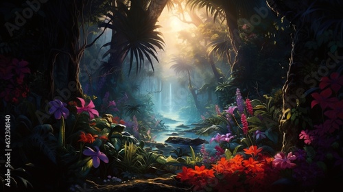  a painting of a jungle scene with flowers and a stream.  generative ai