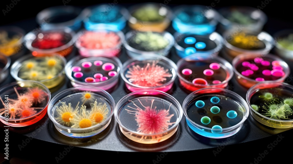 Background with mixed bacteria colonies, fungi or microbes in various petri dish. Growing cultures of microorganisms Background with mixed bacteria colonies, fungi or microbes in various petri dish. Growing cultures of microorganisms