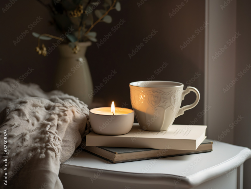 old book and candle in cozy living room