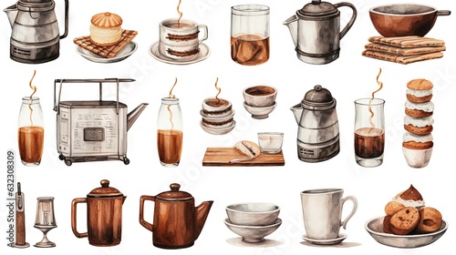  a drawing of a variety of coffee items and drinks on a white background. generative ai