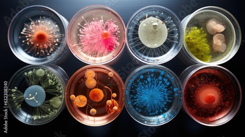 Background with mixed bacteria colonies, fungi or microbes in various petri dish. Growing cultures of microorganisms photo