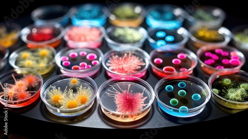 Background with mixed bacteria colonies, fungi or microbes in various petri dish. Growing cultures of microorganisms