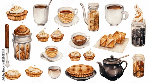  a painting of a variety of pastries and coffee items. generative ai