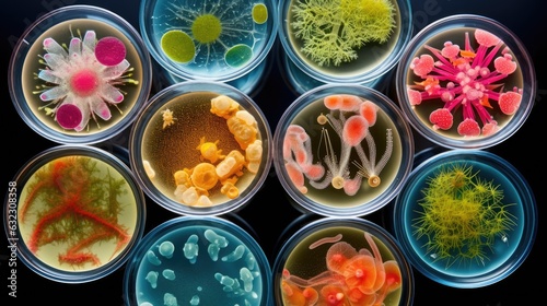 Background with mixed bacteria colonies, fungi or microbes in various petri dish. Growing cultures of microorganisms