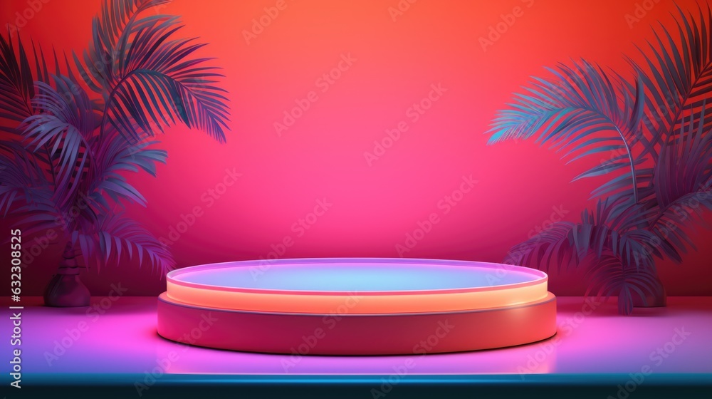 Obraz premium Mock up of summer neon podium scene with palm leaves, product presentation showcase