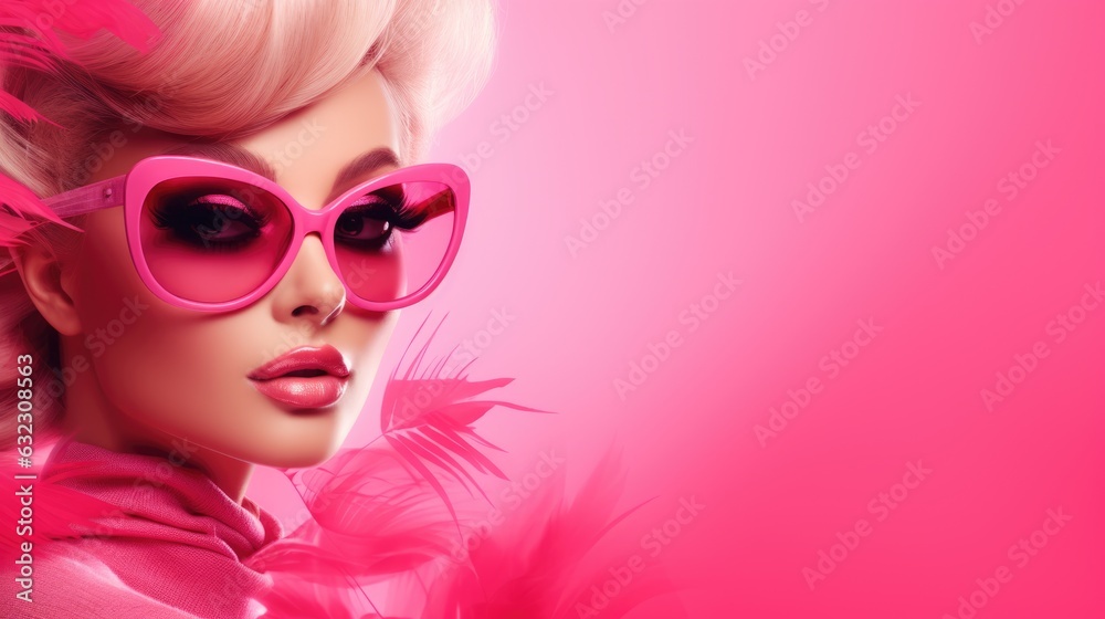 Naklejka premium Fashion portrait of beautiful woman with pink hair and sunglasses on pink background