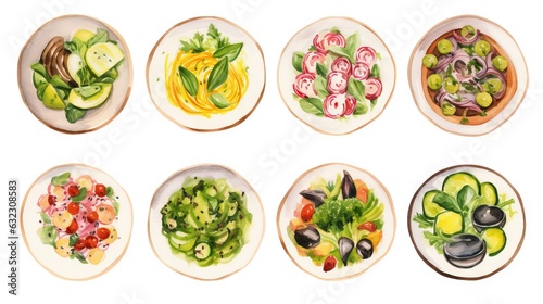  a bunch of plates with different types of food on them.  generative ai