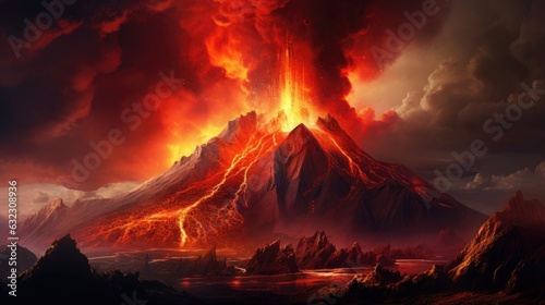 Fotografija Eruption of the volcanic mountain with flowing red magma