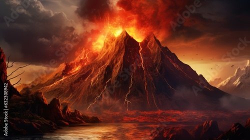 Eruption of the volcanic mountain with flowing red magma. Volcano erupting