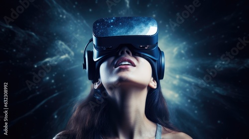 Young woman wearing VR glasses. Modern technology, metaverse concept