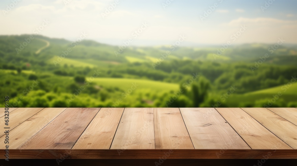 Mock-up with empty wood table top on blurred vineyard landscape background Mock-up with empty wood table top on blurred vineyard landscape background