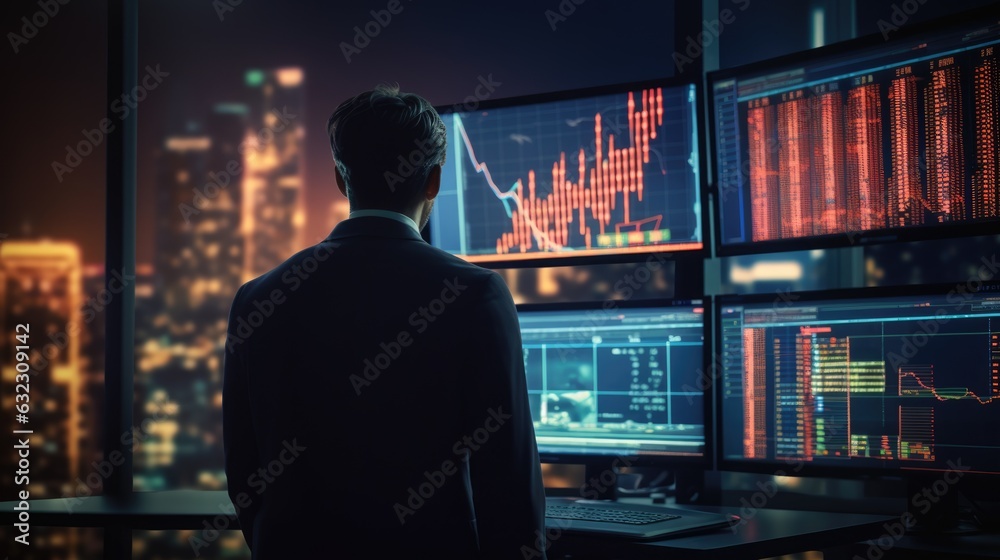 Stock trader business man looking at graph stock market on screen analyzing invest strategy, financial risks Stock trader business man looking at graph stock market on screen analyzing invest strategy, financial risks